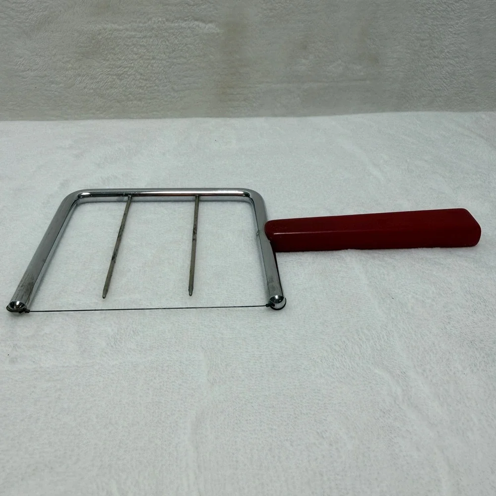 VTG MCM Red Bakelite Handle Cheese Slicer Stainless Steel Wire‎ Cutter MCM